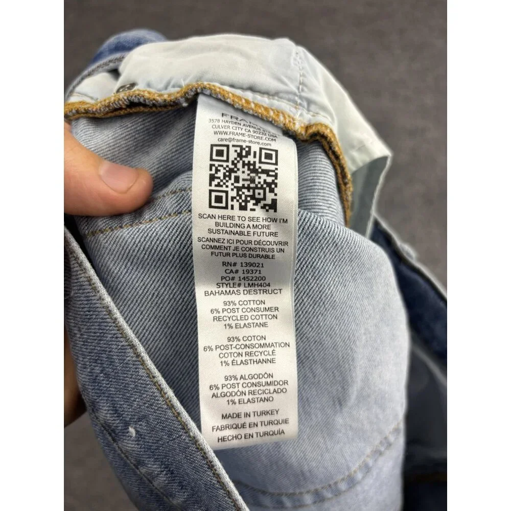 FRAME L'Homme Slim Bahamas Destruct Jeans‎ Mens 30x30 Blue Distressed Denim